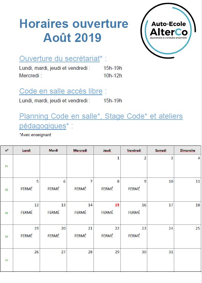 AE_Alterco's tweet photo. Planning du mois d'août.
AlterCo Formation faire ses portes pour 3 semaines de repos bien méritées !
Pour tout renseignement, même pendant les congés 😉, vous pouvez nous joindre au 03 62 28 52 53 ou alterco.formation@gmail.com

Nous vous souhaitons de bonnes vacances 🚘🌴🏖☀️ https://t.co/AfkZrjW9bi