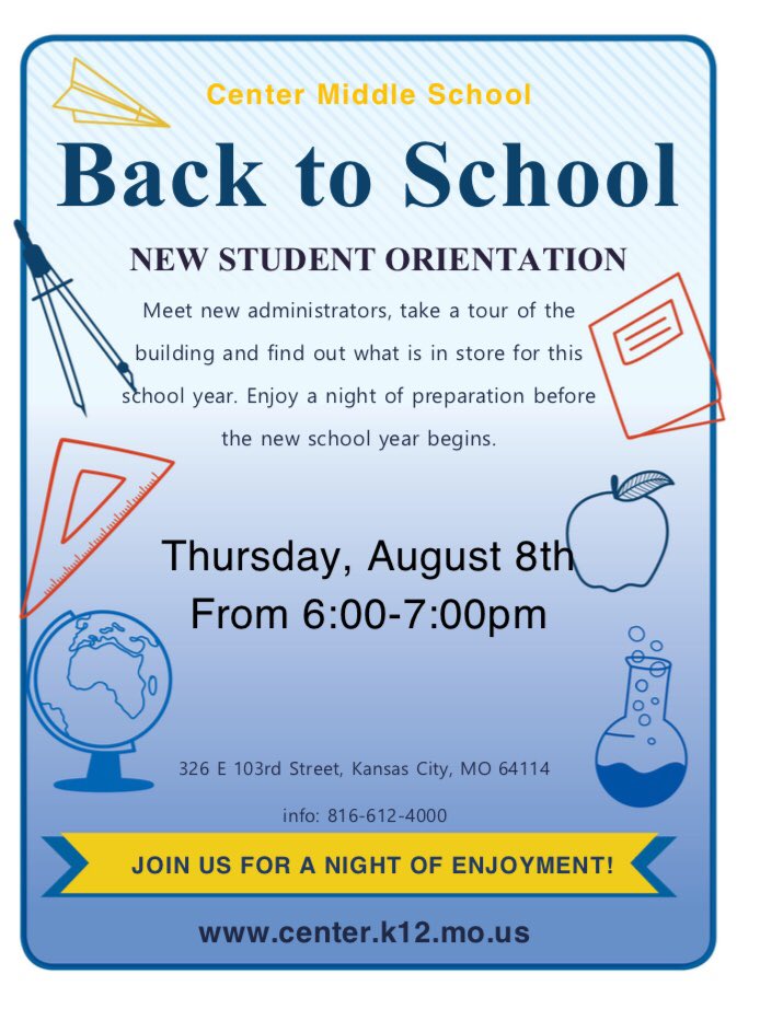 CenterSD's tweet photo. Attention New @cms58CARES students - Save the Date for Aug. 8, 2019 at 6:00 to meet administrators and learn more about your new school. #CenterMiddleSchool #CenterSD #BacktoSchool2019 https://t.co/1SSSZ6PFTE