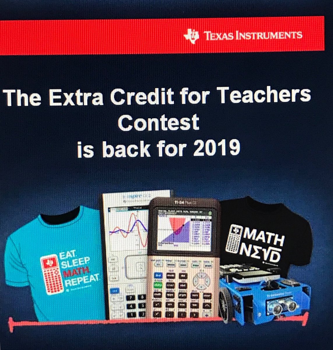 rwilson_robb's tweet photo. The TI Extra Credit for Teachers Contest is back and better than ever.  It’s easy to enter and fun to play.  Earn weekly entries for a chance to win great prizes for you and your classroom.  Register now at https://t.co/5Hv5RnVAXt.  ⁦@TICalculators⁩ #T3Learns https://t.co/jzhs2niRvd