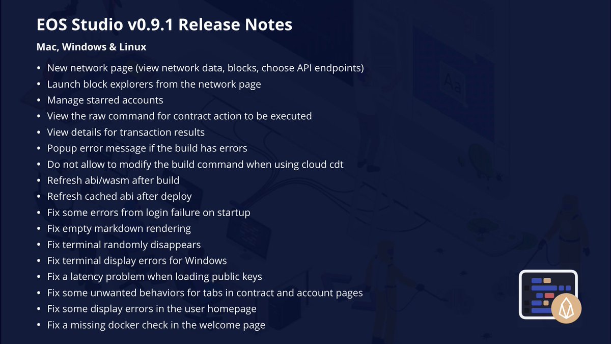 obsidian_labs's tweet image. #EOSStudio updated to v0.9.1 for Mac, Win &amp;amp; Linux, and continues to improve the user experience!

We redesigned the network page and added a new button for linking to the block explorers, such as Bloks.io @eoscafeblock, eosq @EOS_Canada , and EOSPark @eospark_com !