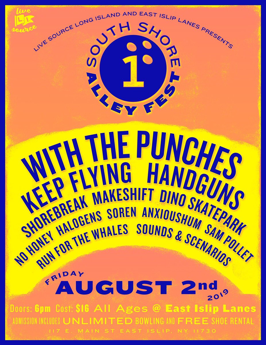 KeepFlyingBand's tweet image. First show of our weekend with @withthepunches and @HalogensNJ is tonight on Long Island! Handguns is playing too and last time we went bowling they threw the ball overhand. My god!