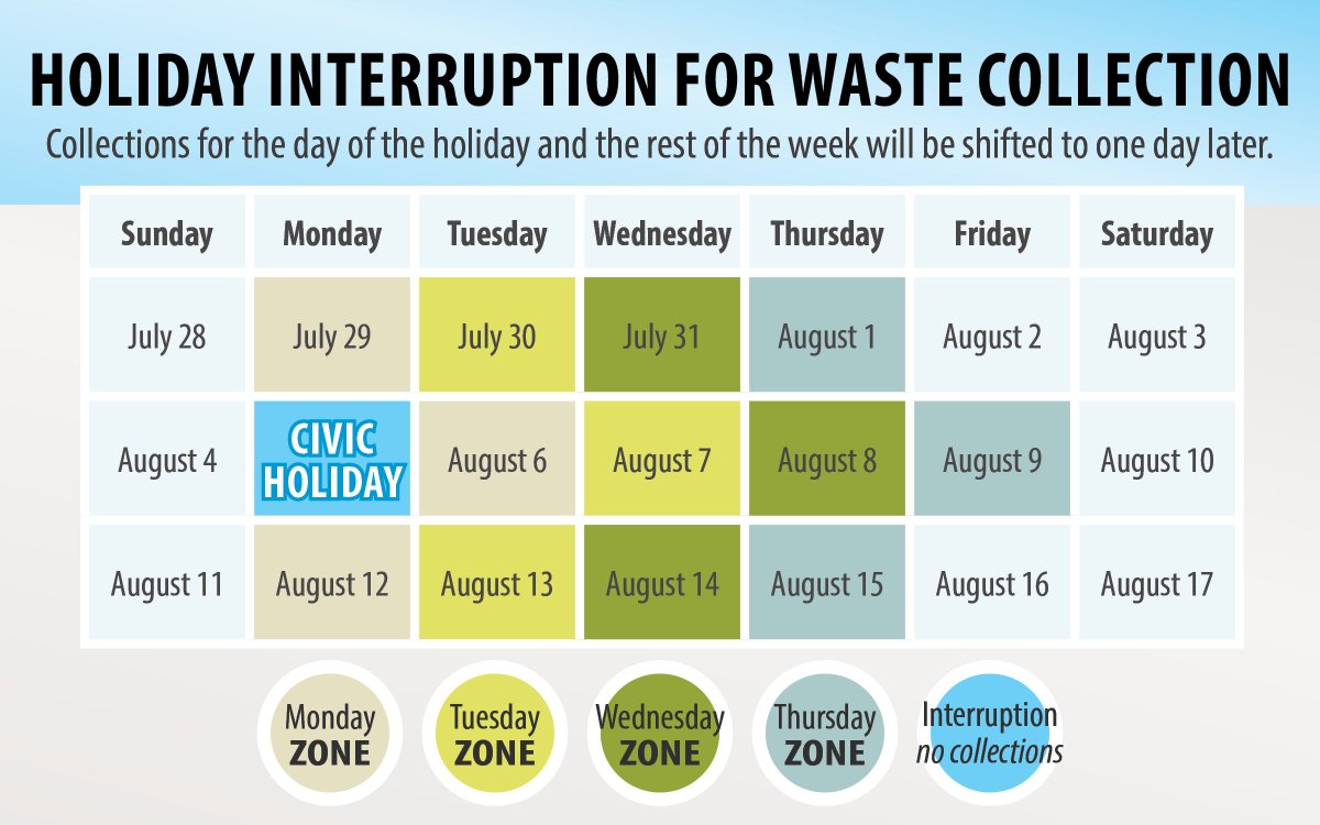 Waste will be collected one day later next week due to the Civic Holiday.