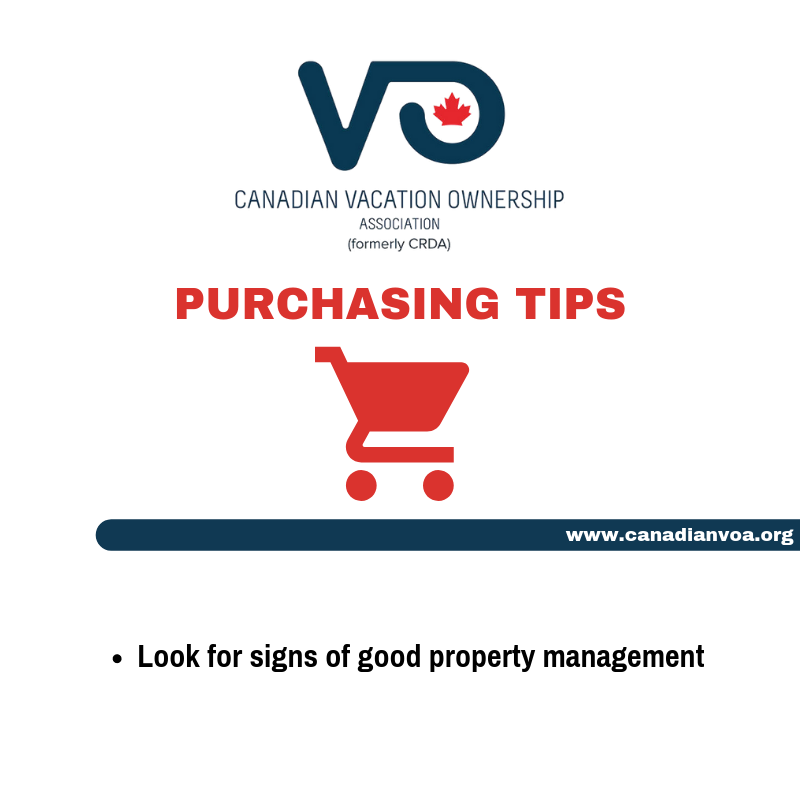 Study the resort’s annual Home Owners Association (HOA) budget so you understand how your annual maintenance fees will be spent.
For more purchasing tips visit: canadianvoa.org/purchasing_tip…
#CVOA #PurchesingTips