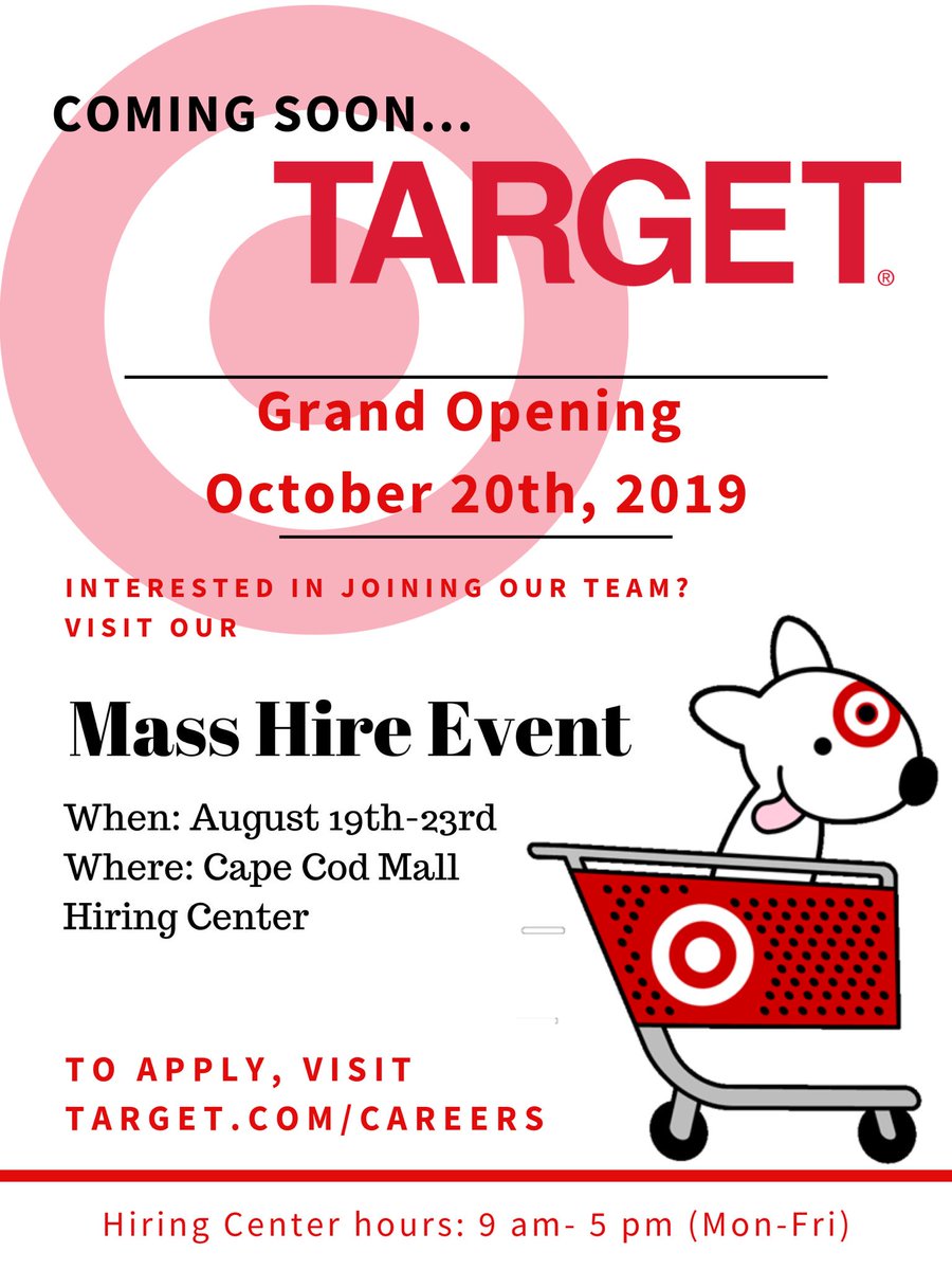 DaronHolloway28's tweet image. Target is coming to Cape Cod! Apply now at Target.com/careers and join us at our Mass Hire event August 19th-23rd! #SeaYouSoon 🎯 @Aim4theTarget @Puneet_Math
