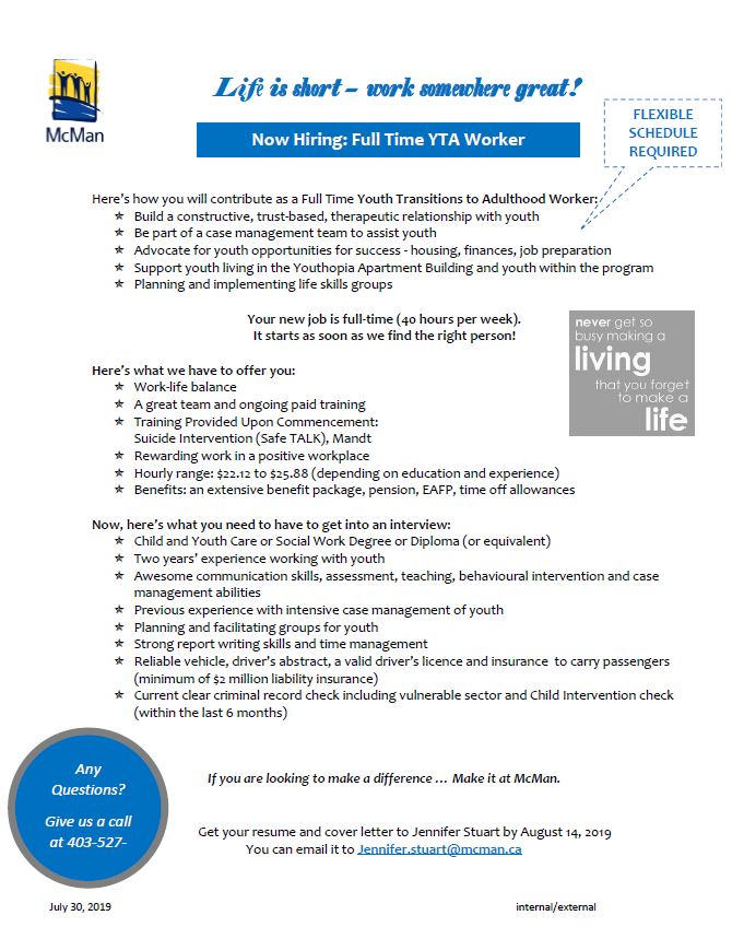 We have an employment opportunity in our Youth Transitions to Adulthood program! Check out the job posting below or at mcmansouth.ca/jobs.html. Be sure to sign up for our employment opportunities email list if you want to stay in the loop about upcoming open positions at McMan!