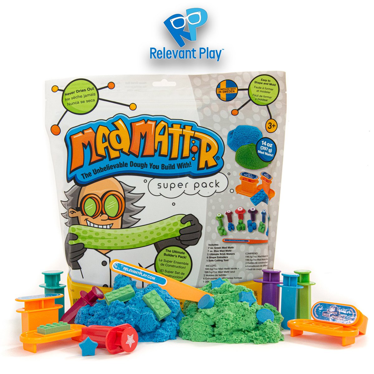 relevantplay's tweet photo. Shape it! Build it! Stretch it! Do all this and more with the new Mad Mattr Super Pack, the ultimate builder's pack! Headed to a store near you. #madmattr #learningthroughplay #superpack #creativeplay #kidsplay #funforeveryone #sensoryplay #wheatfree #glutenfree  #neverdriesout https://t.co/HfAymJD0dJ