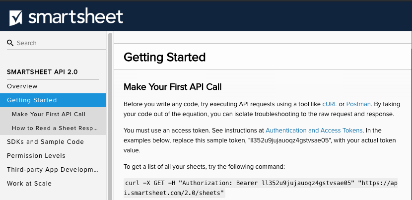 You can get started working with the <a href="/Smartsheet/">Smartsheet</a> API using our docs and make your first requests to work with the data in your sheets. bit.ly/2IN7qop