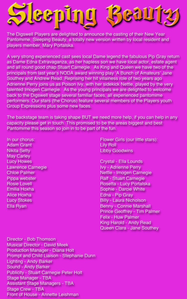 Cast and crew for Sleeping Beauty January 2020 pantomime. If you can help out, get in touch.