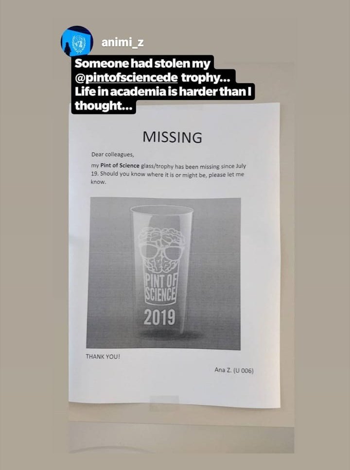 pintofscienceDE's tweet image. We have a tragedy over in our #InstaStory we hope @animi_z will find it 😭😢😟

No glass, no 🍺! We don&apos;t have any left 🤗😵 they all went (We&apos;ll, they&apos;re cool...)

#pintofscience #pintofscienceDE #pint19DE #pint19