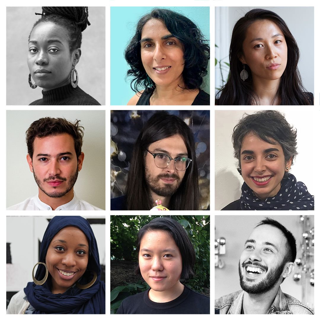 Headshots on a 3x3 grid: (Left to right, top row to bottom): Zalika Azim, Shelly Bahl, Mimi Bai, Julian Chams, Dain DeltaDawn, Sareh Imani, Nsenga Knight, Mei Kazama, and Gustavo Prado.