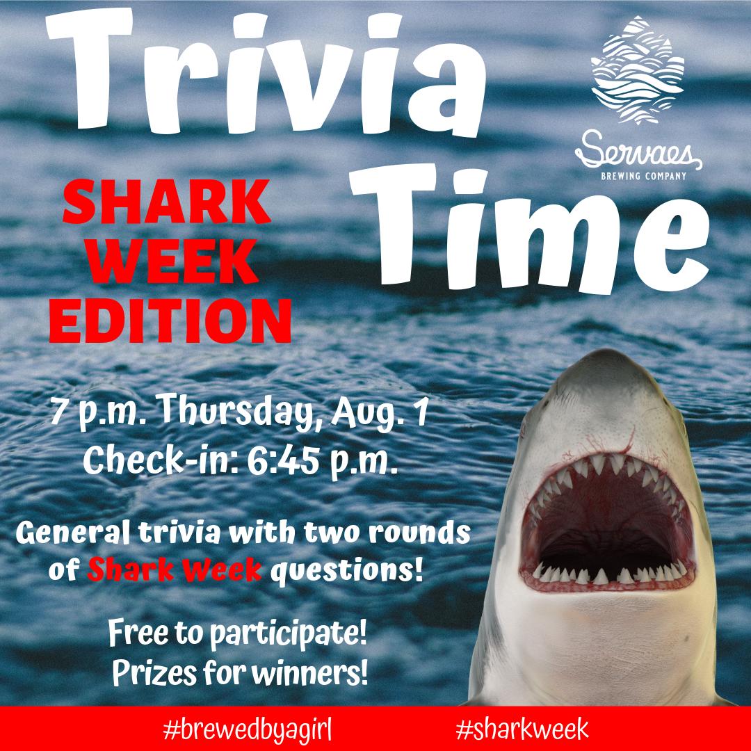 ServaesBrewCo's tweet photo. Excited to see you TOMORROW for #SharkWeek #trivia! Check-in will begin at 6:45 p.m., with trivia starting at 7 p.m. We'll have three shark-themed beers on tap! 🦈 #liveeveryweeklikeitssharkweek #brewedbyagirl #craftbeer #shawneeks #kcbeer #jocobeer #joco https://t.co/j7Pe9W8MIe