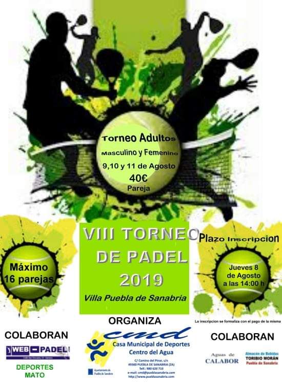 PueblaVilla's tweet photo. Abierto el plazo de inscripción para el VIII Torneo de Pádel de los días 9, 10 y 11 de agosto.
¿Os animáis? Inscribiros en la Casa municipal de Deportes en el 980620710. Tenéis hasta el jueves 8 a las 14 h.
@PueblaVilla @LosPueblosmbe
#casamunicipaldedeportes #padeleando https://t.co/AFs3eQqEL5