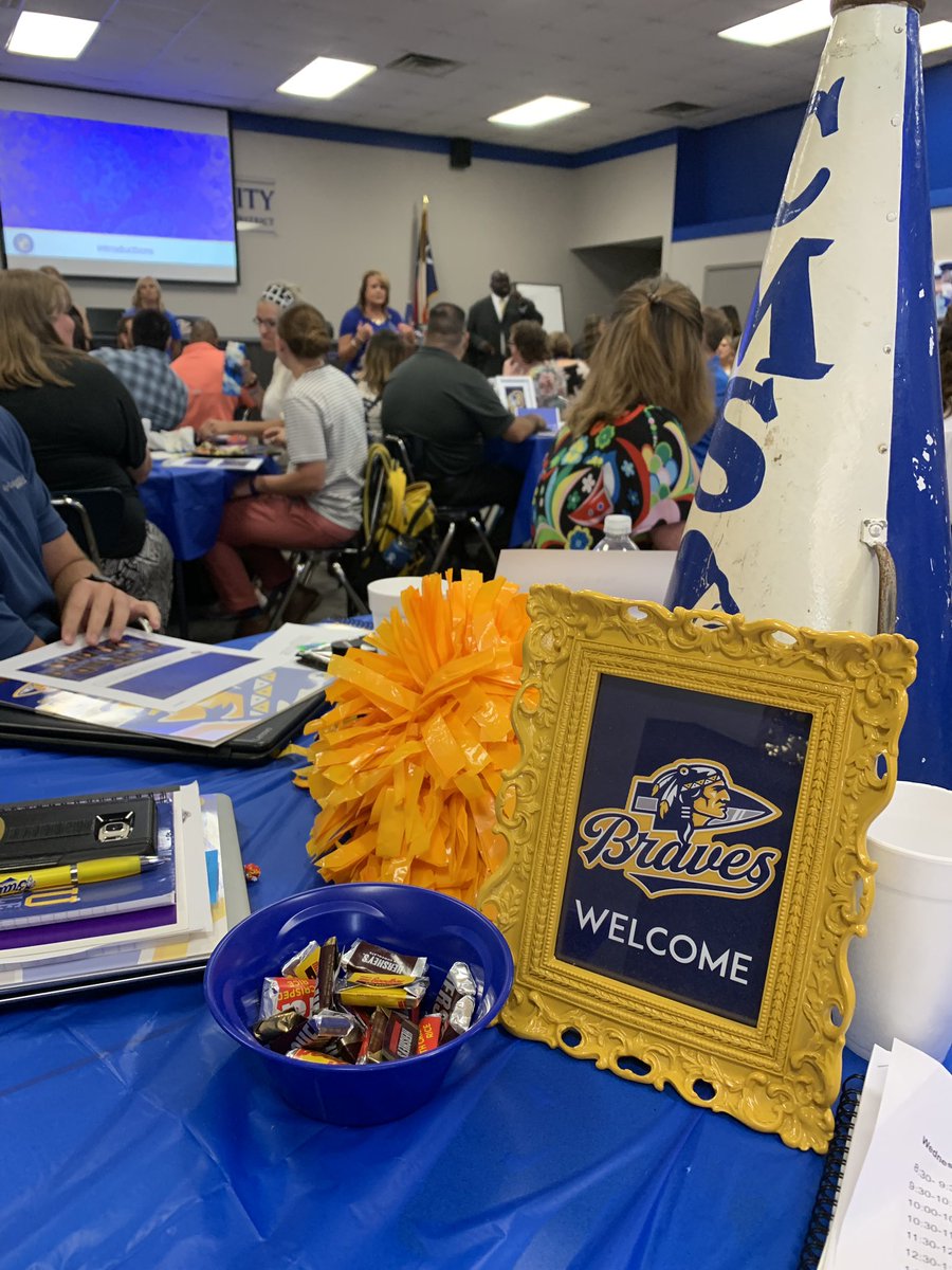 communityisd's tweet photo. One of the most exciting days in the #BraveNation as we welcome over 40 new teachers to our Brave family!! #BraveEnough #NewBlueBraves @Dr_RNivens https://t.co/Z0nfiFwlZj