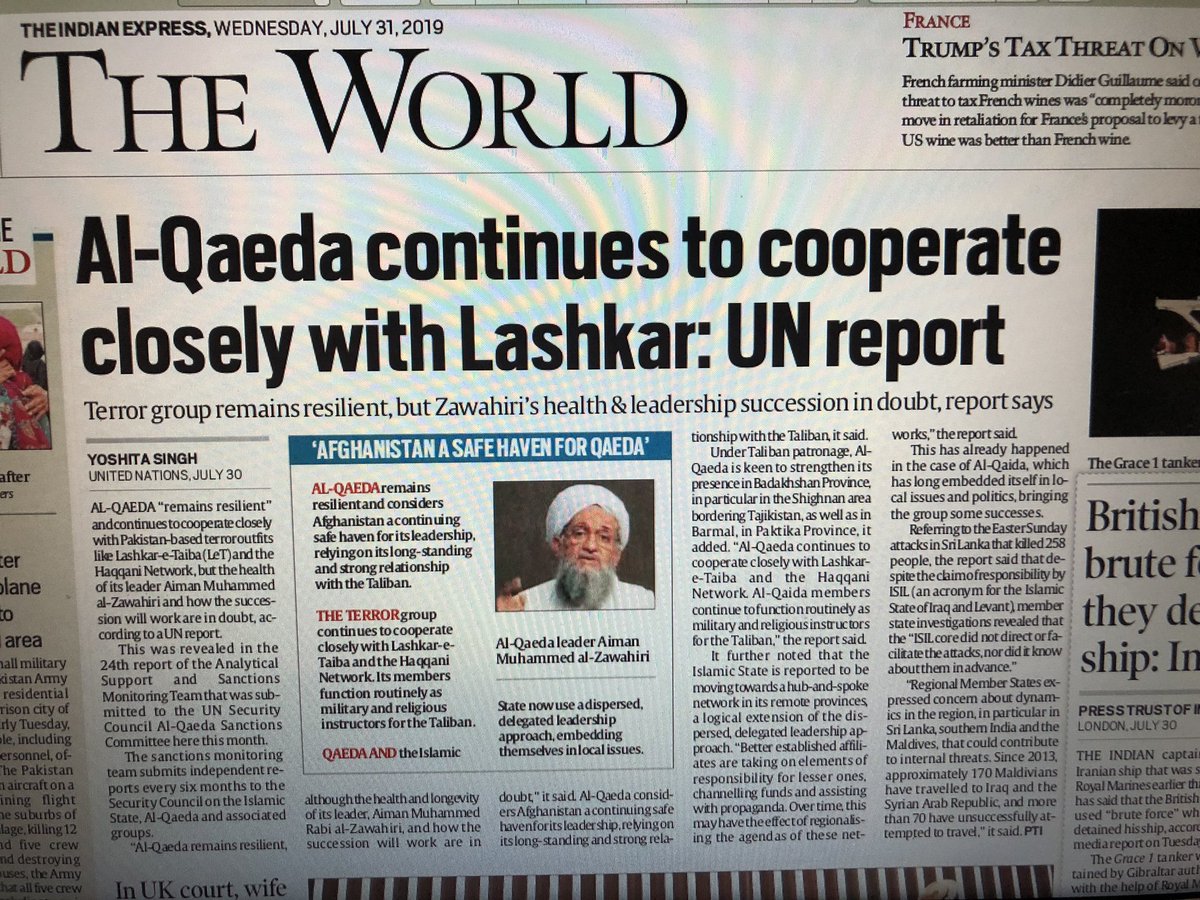 Yoshita_Singh's tweet photo. My report from @UN on threat posed by #AlQaeda, poor health of its leader Aiman al-Zawahiri & doubts over the terror group’s succession lead story @IndianExpress World Page. @PMOIndia @DrSJaishankar @MEAIndia @IndiaUNNewYork @UN_CTED @HMOIndia #UNSC #SanctionsCommittee https://t.co/2L6n78fTvR