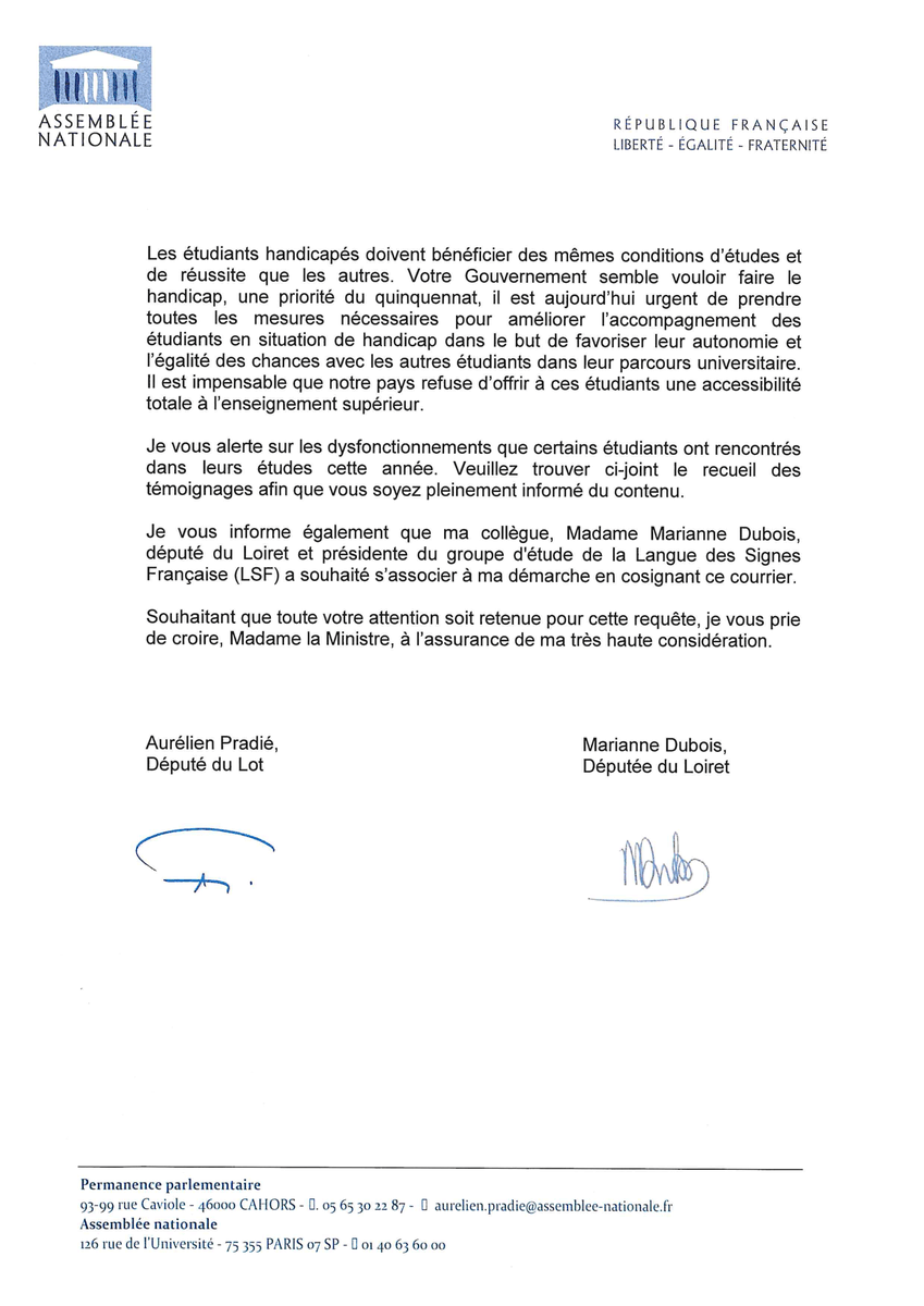 AurelienPradie's tweet photo. ✍️ Avec ma collègue @duboismarianne nous alertons les ministres @s_cluzel et @VidalFrederique pour dénoncer cette inégalité de traitement inacceptable envers les étudiants handicapés. L'#inclusion se prouve au quotidien. ⤵️ https://t.co/BXxpDF6U9R