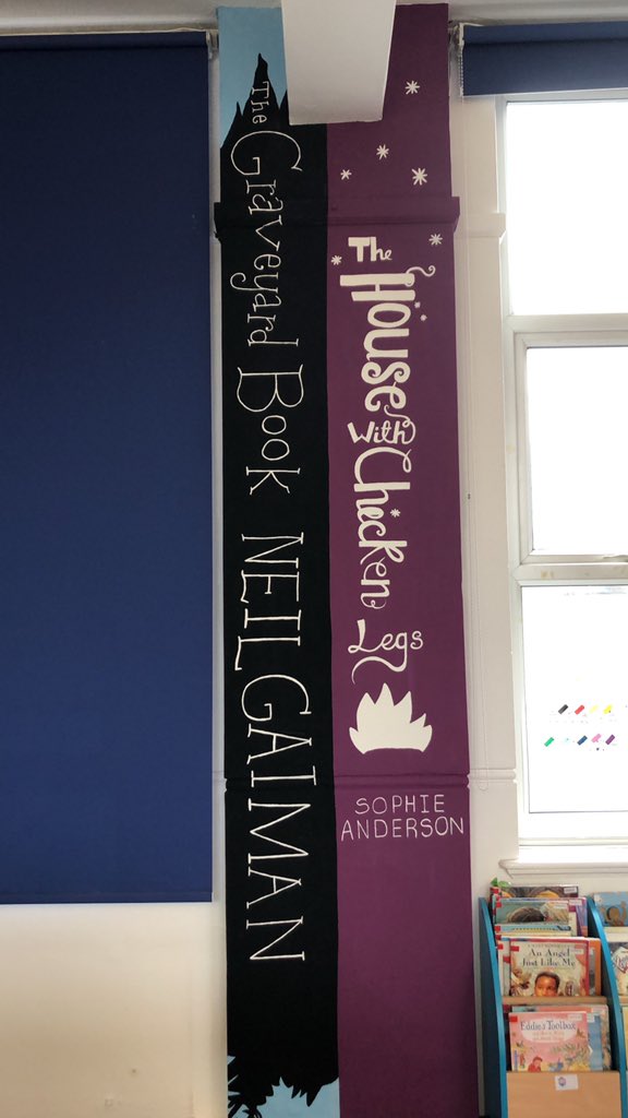 AmesCharley's tweet photo. All the books I’ve painted in the library #diaryofawimpykid #harrypotter #howtotrainyourdragon #wonder #thegraveyardbook #thehousewithchickenlegs #coraline #TheBoyattheBackoftheClass 📚❤️ https://t.co/8jcMNNtfGW