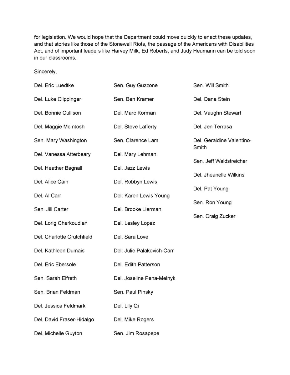 Proud to join 47 of my @mdhousedems & @MDSenate colleagues in calling on the State Dept of Education to ensure that our history curriculum tells the story of ALL Americans, including those who are members of the LGBT community and people with disabilities.