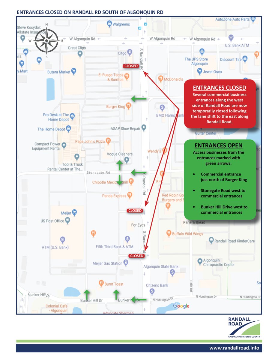 Several business entrances along the west side of Randall are temporarily closed. These closures are necessary for traffic to travel safely through the area and to allow construction to move forward. ALL BUSINESSES ARE OPEN. Check out these maps showing how to access businesses!