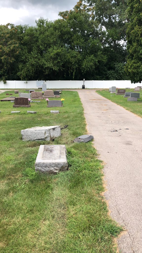 PoliceSyracuse's tweet photo. Syracuse Police Department is currently investigating criminal mischief at the  Syracuse Cemetery. Sometime last night, a vehicle believed to be a red Chevy Avalanche, drove through the cemetery striking and destroying several tombstones. Please call 574-457-5333 with any info. https://t.co/ADszitYYk6