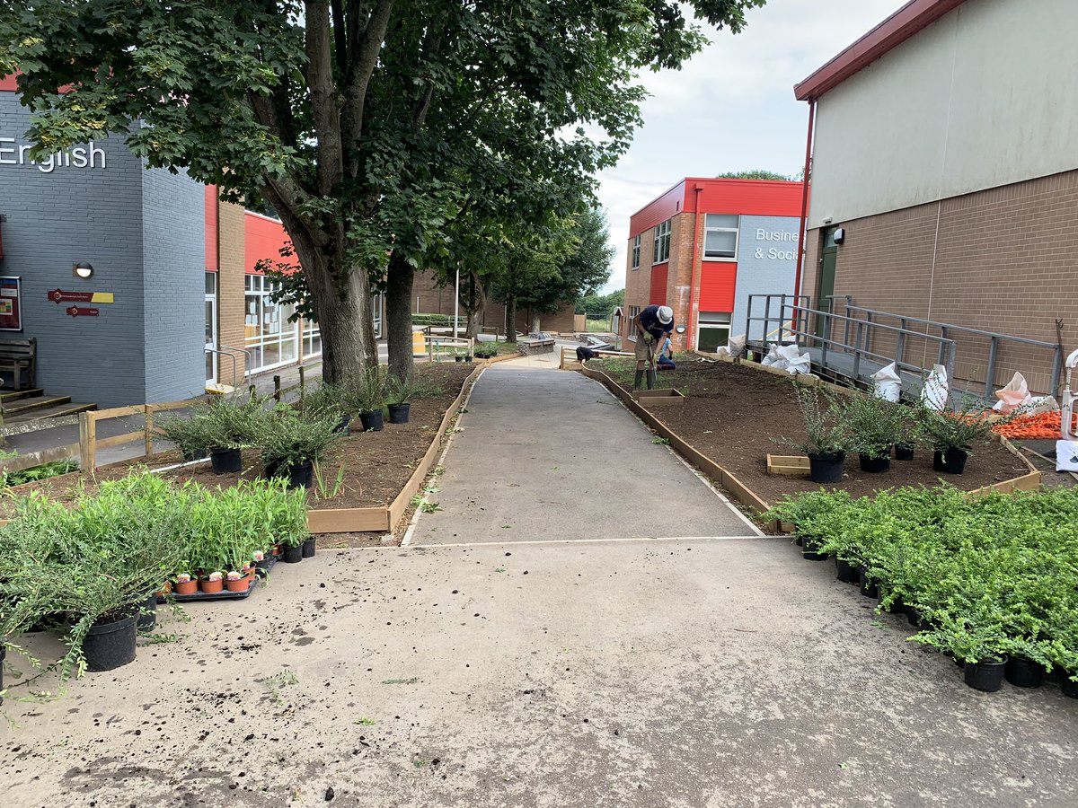 ChurchillGreen's tweet photo. A before and after shot! Great effort by staff today giving up their holidays to help get all of these amazing plants in! I’m sure we’ll all sleep well tonight but the results will be well worth it! @ChurchillAcad #GreenLegacy #greenteam https://t.co/DazU9IiBo2
