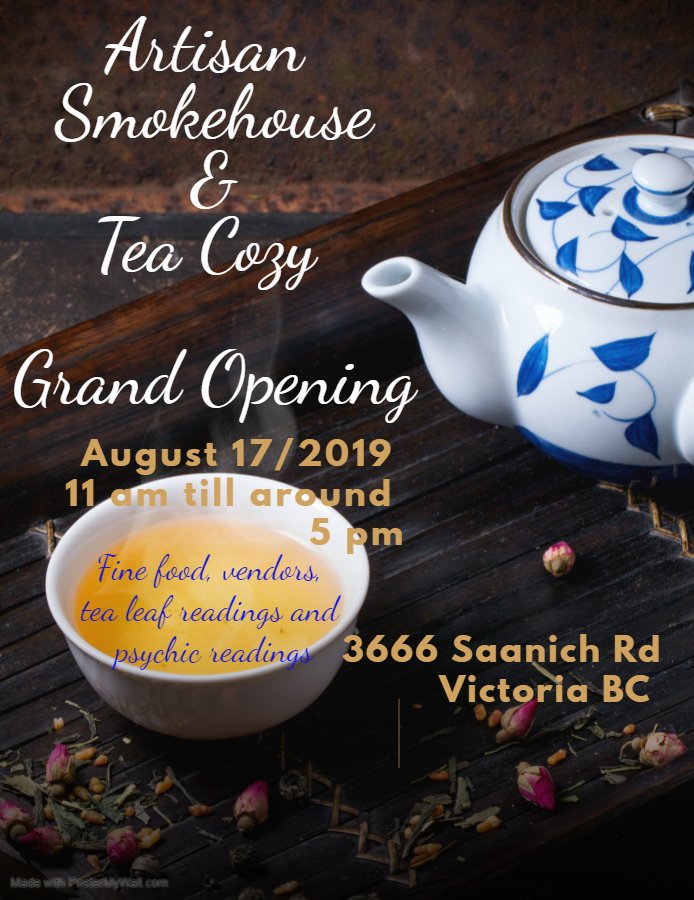 NowMystic's tweet photo. First ever Tea house complete with tea leaf reading, tarot, palmistry special blended teas, baked goods and smoked meats.  Welcome to the grand opening of the Tea Cozy #mystic intuitive services #lone tree bakery #artisan #psychic readings located at 3666 Saanich road Victoria BC https://t.co/29CjoKQ3Iz