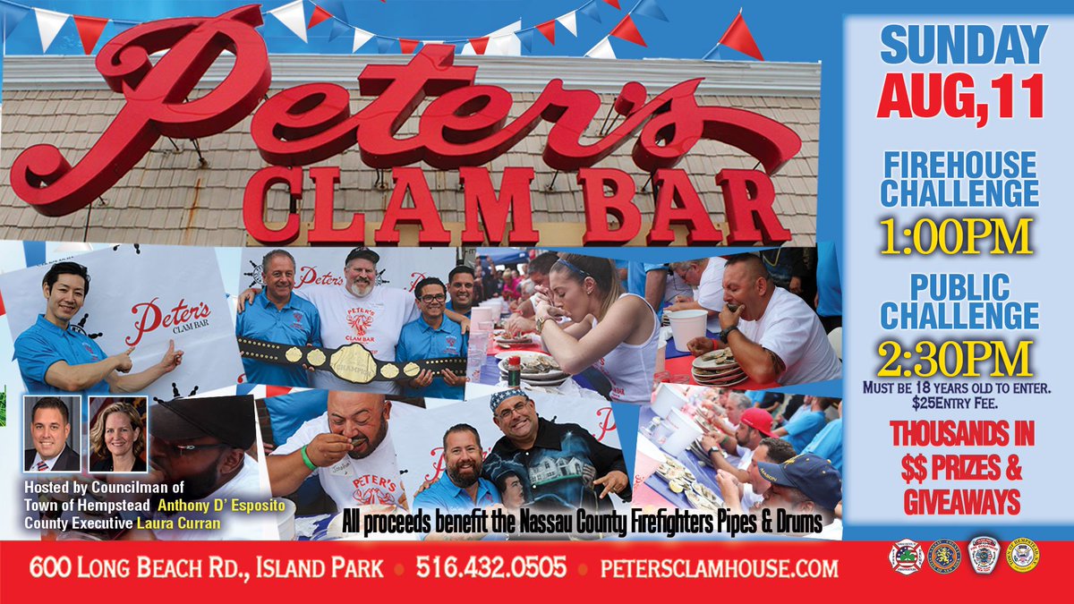 ANTHONYDESPO's tweet photo. Register today for @PetersClamBar #ClamEatingContest & show some love for @NassauFirePipes!
Join @NassauExecutive @butch_yamali & I on 8/11 at 1PM for the #FireHouse challenge - how many clams can you eat for a great cause? Claim $1000's for your fire house, company or charity! https://t.co/uUn1Vbhl2B