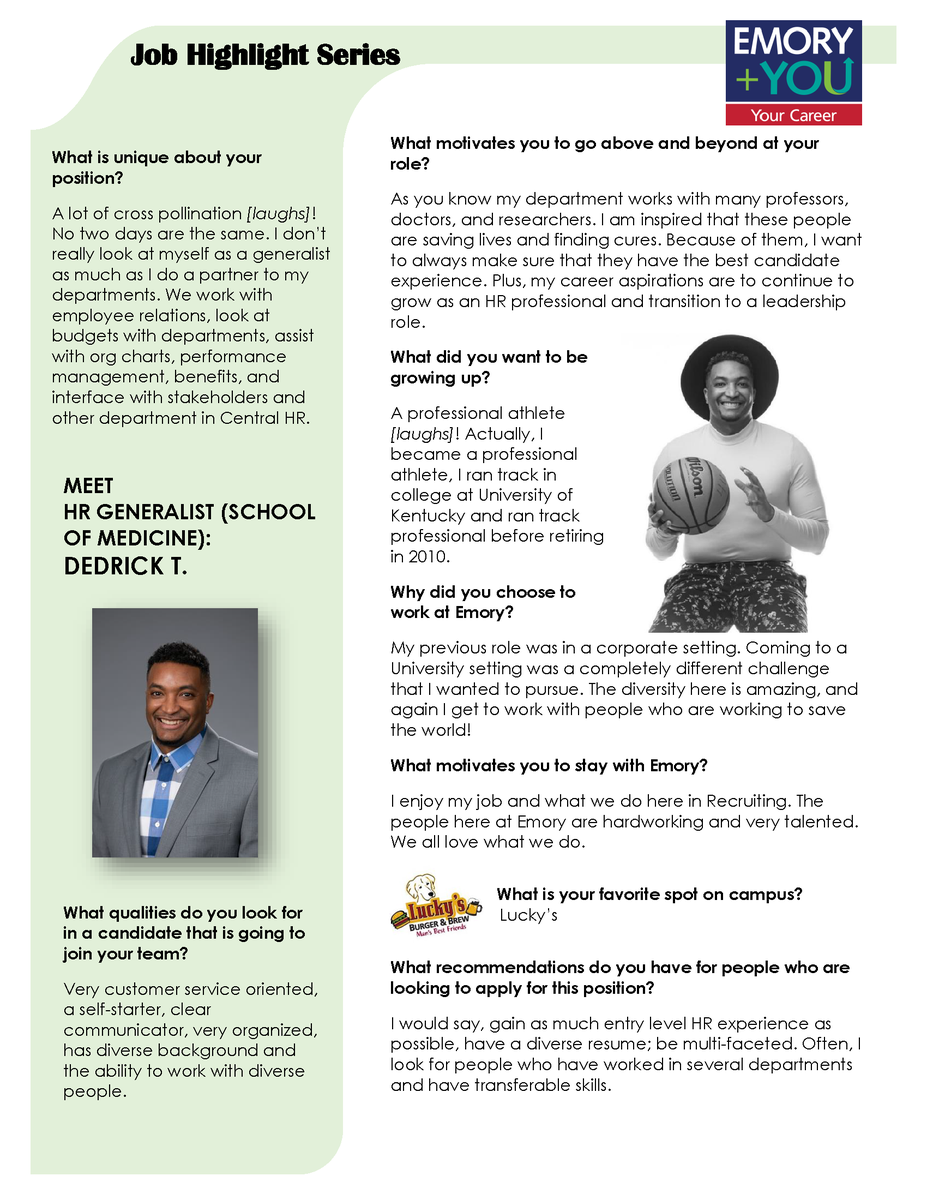 EmoryCareers's tweet photo. This month we had the opportunity to interview Dedrick T., who started his Emory journey in Central HR as a Recruiter. He has now transitioned into a HR Generalist in School of Medicine. Read the full interview! #EmoryCareers #JobHighlightSeries #JobInsight #SOM #Emory https://t.co/gAg56jacwV