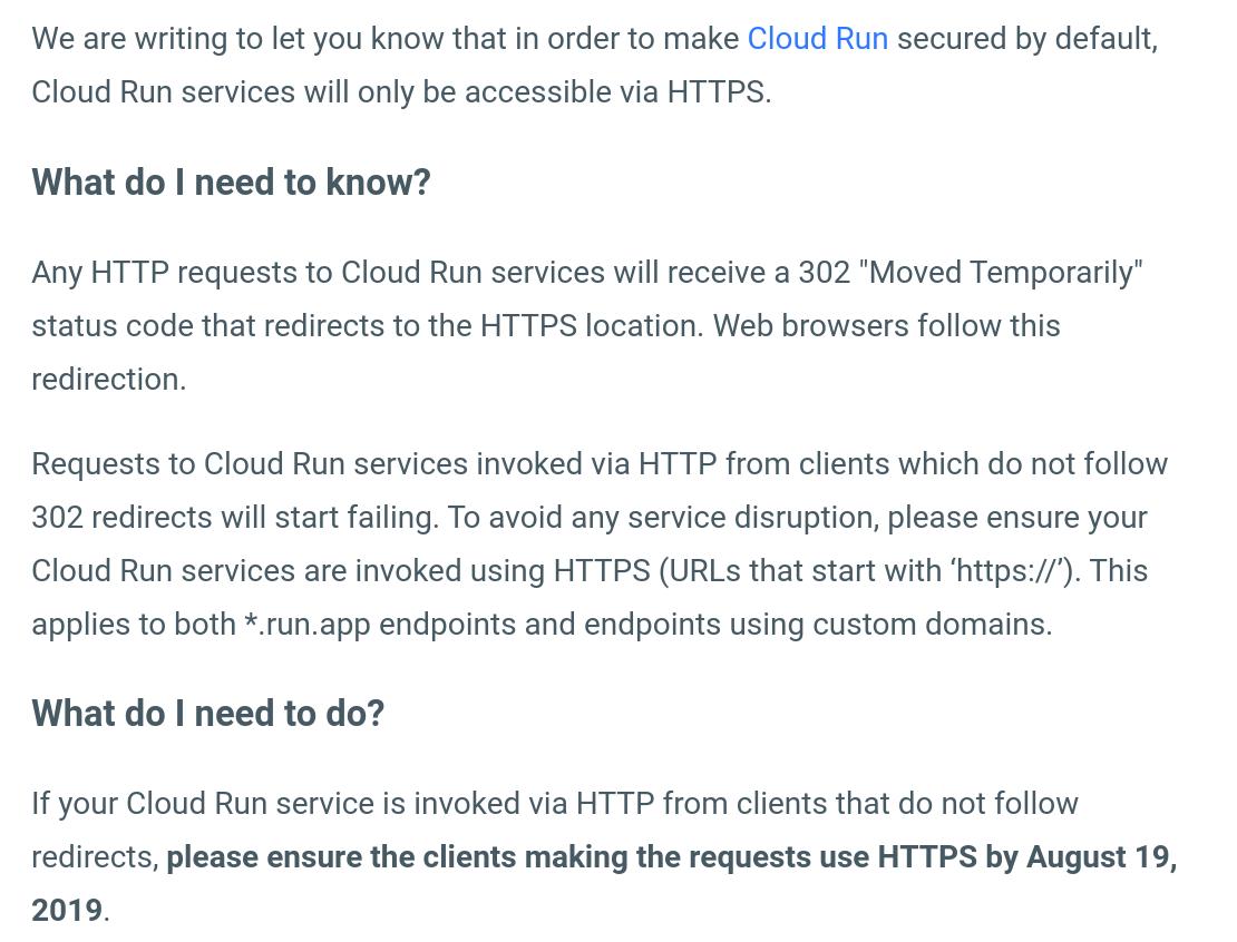 Cloud Run will now only support HTTPS (because it's 2019)
