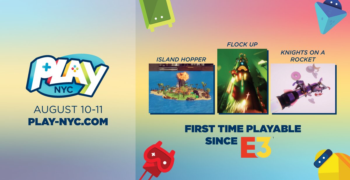Playcrafting's tweet image. 🔥#PlayNYC will feature 3 games only playable at #E32019 so far!

🏝️ ISLAND HOPPER: Curate an #AR island to help your  villagers!

🗼 FLOCK UP: Scale an endless neon tower!

⚔️ KNIGHTS ON A ROCKET: Who'll win? Red, Blue or...the Rocket?!

GET TIX 👉bit.ly/2LLKKWZ