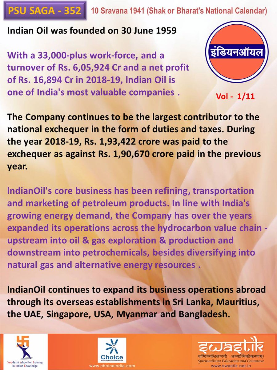 With a 33,000-plus work-force, and a 
turnover of Rs. 6,05,924 Cr and a net profit
of Rs. 16,894 Cr in 2018-19, lndian Oil is 
one of India's most valuable companies . 
#PSU