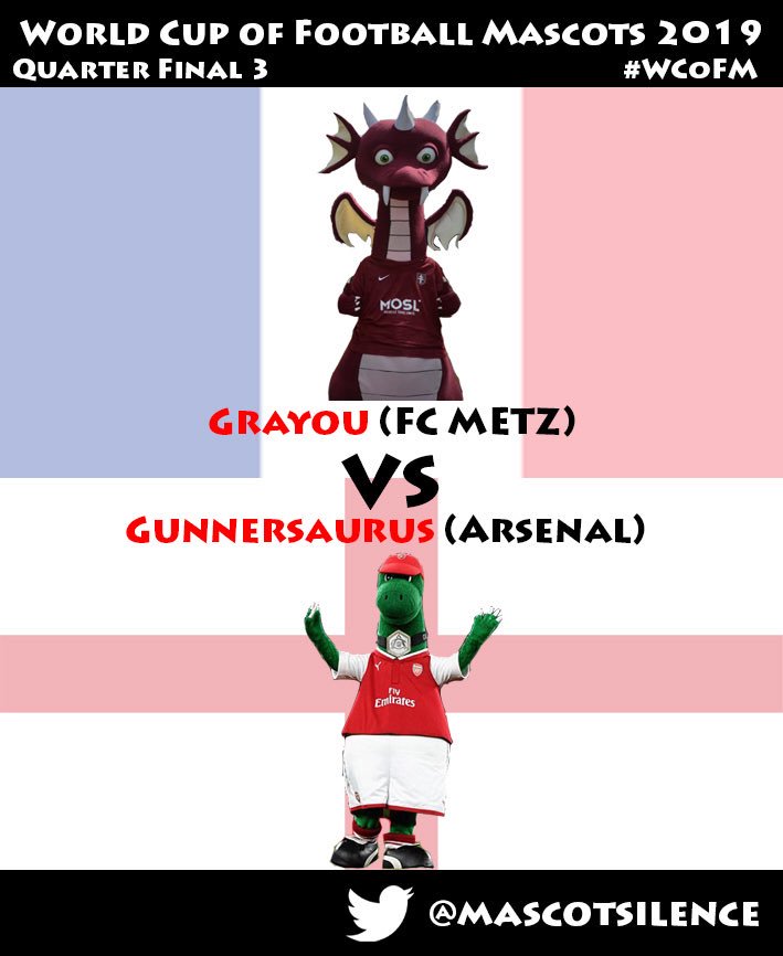 MascotSilence's tweet image. ⚽️World Cup of Football Mascots⚽️
Quarter Final 3
Grayou vs. Gunnersaurus
⬇️Voting poll below⬇️
Please RT after you’ve voted.
#WCoFM