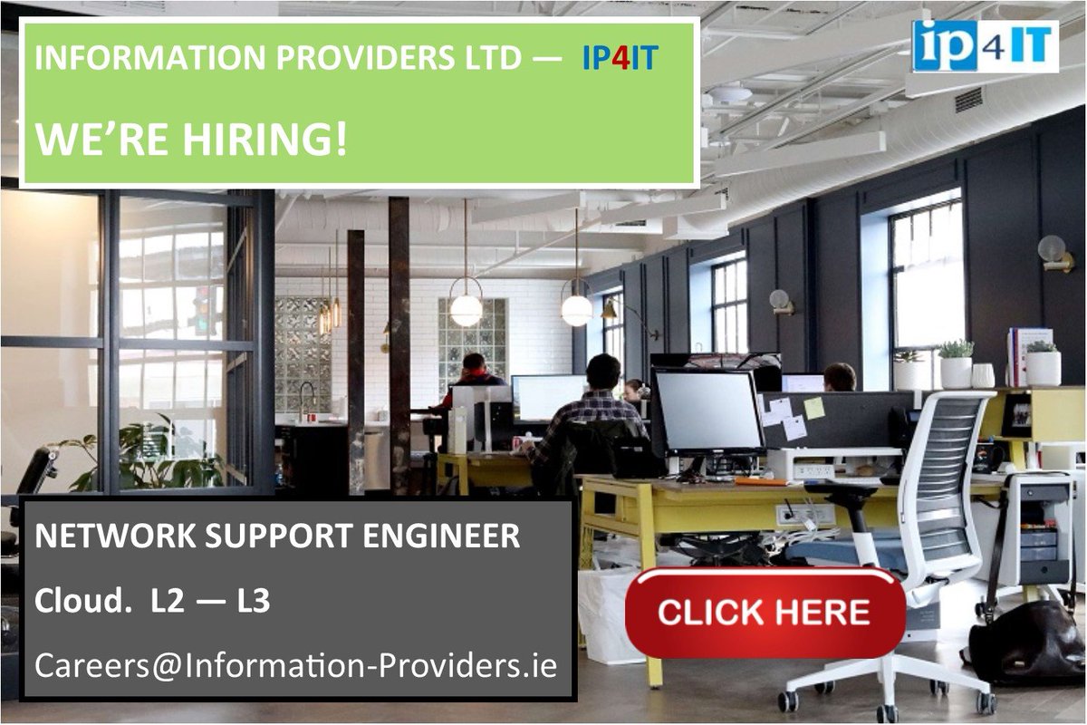 Information Providers Ltd is working with Ireland’s leading Cloud Services Provider, providing flexible, secure, high availability systems to Irish &amp; international clients. Seeking Network Support Eng to join our Dublin based team. 

linkedin.com/jobs/cap/view/…
