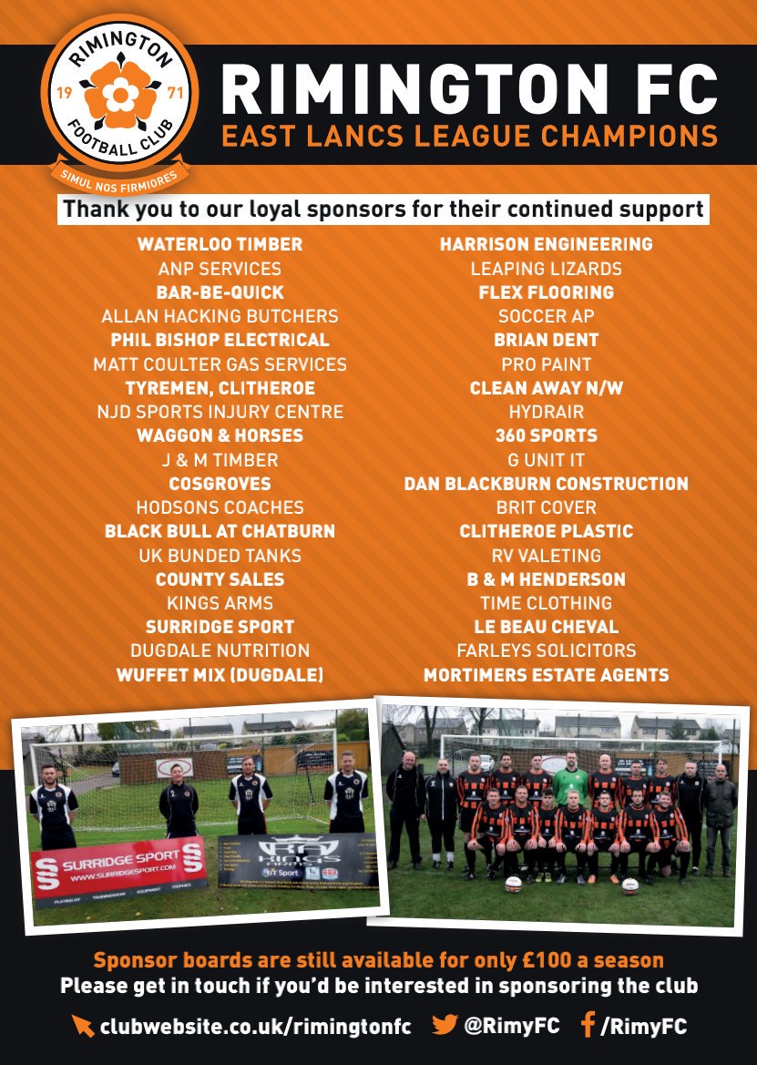 Rimington Football Club 🏴 (@rimyfc) on Twitter photo Sponsorship Opportunities <a href="/Rimyfc/">Rimington Football Club 🏴</a>
⚽️Match Sponsorship
⚽️Match Ball Sponsorship
⚽️Ground Perimeter & Pitch side Banner Advertising
⚽️Stand Sponsorship
⚽️Website Sponsorship /Banners
⚽️Online Advertising
Please click link for Info or DM 👇
pitchero.com/clubs/rimingto… Sponsorship Opportunities <a href="/Rimyfc/">Rimington Football Club 🏴</a>
⚽️Match Sponsorship
⚽️Match Ball Sponsorship
⚽️Ground Perimeter & Pitch side Banner Advertising
⚽️Stand Sponsorship
⚽️Website Sponsorship /Banners
⚽️Online Advertising
Please click link for Info or DM 👇
pitchero.com/clubs/rimingto…