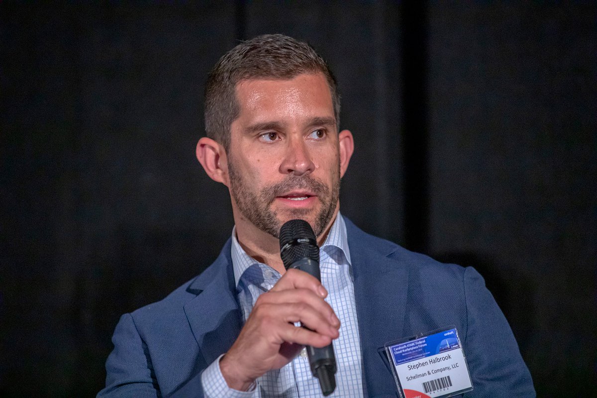 Schellman's tweet photo. A few images of @schellmanco's Stephen Halbrook discussing #3PAO #FedRAMP success stories at the @Carahsoft @atarc Federal Cloud Marketplace Forum on 7/24. https://t.co/XLKoX7jBVs