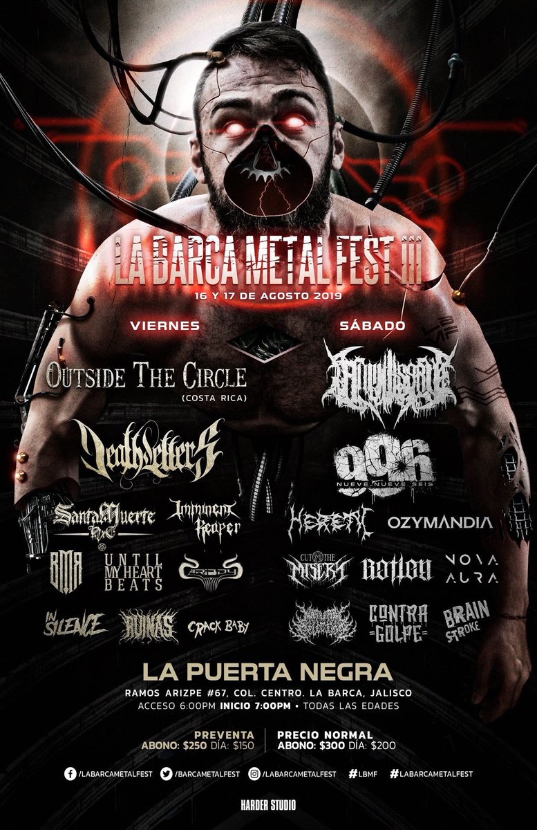 LlamadoBestia's tweet photo. 16 y 17 de Agosto en #Jalisco se hará La @BarcaMetalFest III con #OutsidetheCircle @AllMiseryMetal @DeathLetters #SantaMuerteHxC @ImminentReaper @BMRoficial #UntilMyHeartBeats #Caribdys #InSilenceRuinas #CrackBaby #NueveNueveSeis996 #Heretic @ozymandiamx #CutTheMisery @rotten_mx https://t.co/FZn3j7NEwN