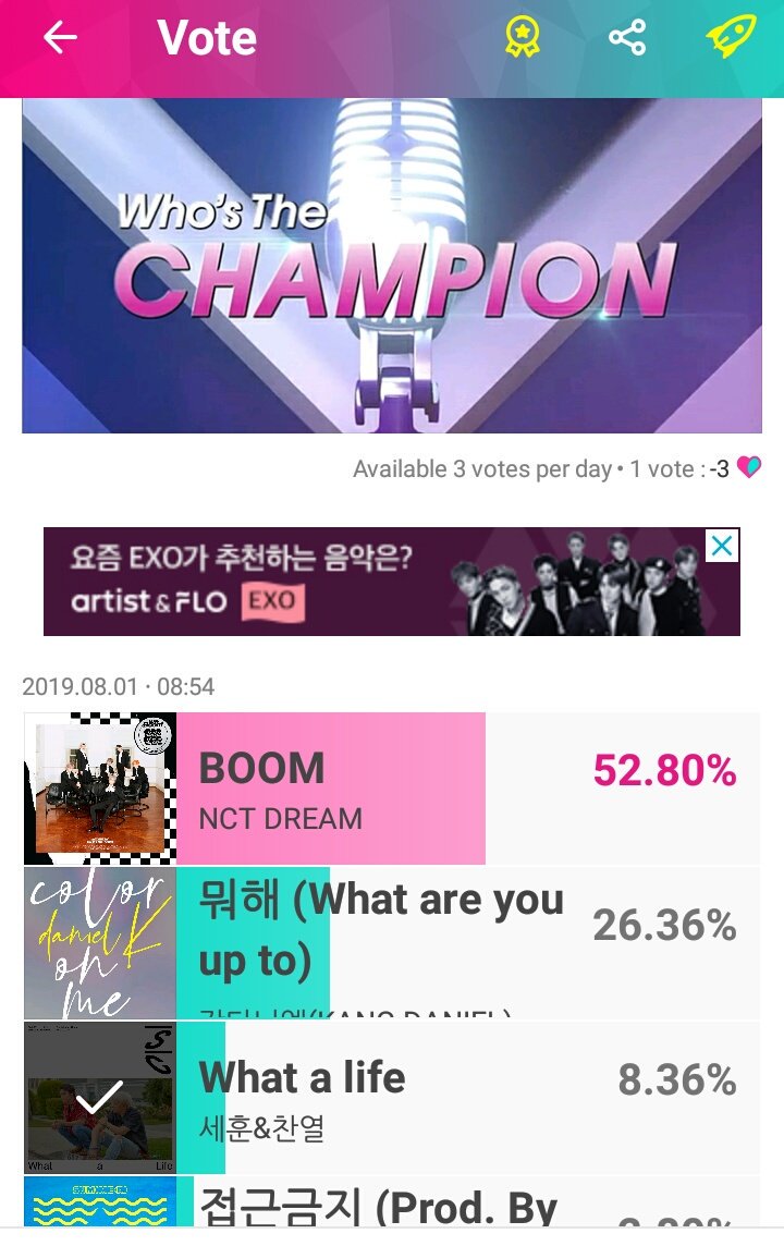 jeyjey061's tweet photo. Please vote What a life om Idol Champ. 
#EXO 
#EXO_SC 
@weareoneEXO https://t.co/DeLhqqSFXE