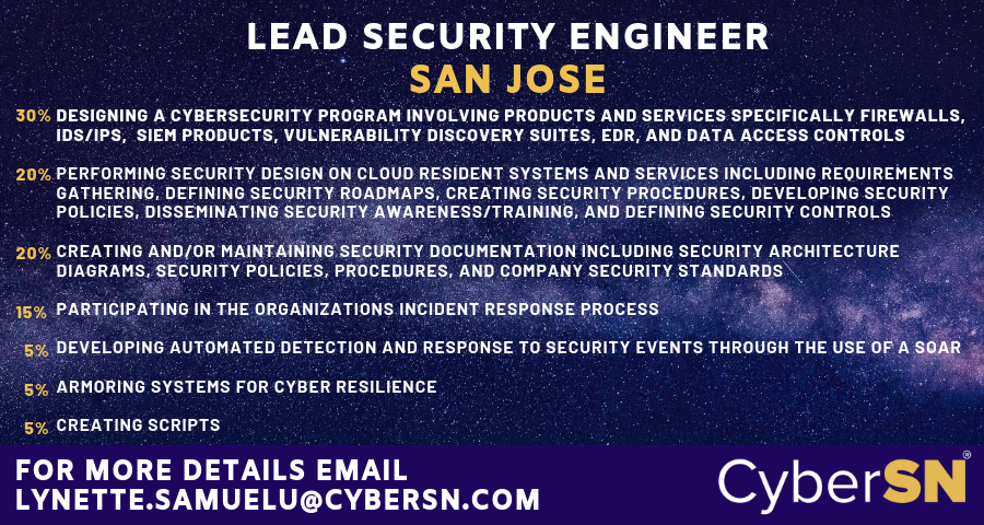 _cybernette's tweet image. BAY AREA! NEW Leas Security Engineer Opportunity!
If you or anyone you know is interested email directly at Lynette.Samuelu@CyberSN.com #CyberSN #CyberSNJobs