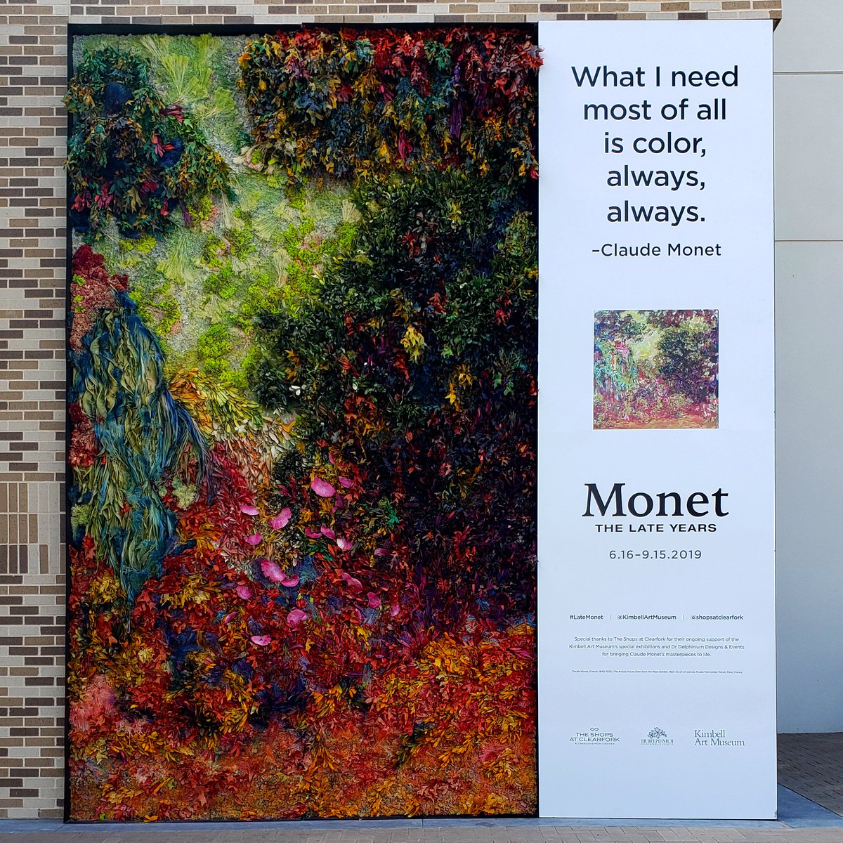 KimbellArt's tweet photo. Have you spotted our newest Monet-inspired floral installation created by @drdelphinium? This strikingly vibrant re-creation of Monet’s painting is located at @shopsclearfork. Use #LateMonet when you post your pictures! 
Book your tickets online.
https://t.co/432dIp5NSG https://t.co/ghvOWokTsG