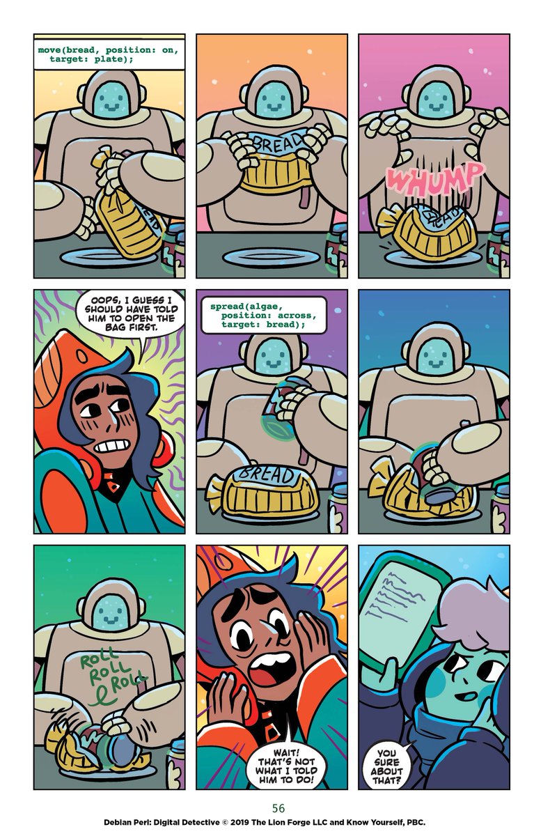 lionforge's tweet photo. Who knew coding a robot to make a sandwich could be so HARD?! Digits has much to learn about coding language so it's a good thing Debian Perl is on the case! You can learn too when Debian Perl: Digital Detective Book 1 releases! @melhilario @katiesaurusrex @LaurenDavis https://t.co/woCbHUC1Wv