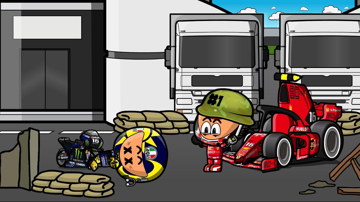 MiniWarBot's tweet image. Valentino Rossi has been defeated by Charles Leclerc. Leclerc steals Rossi&apos;s bike. Yamaha disappeared from the grid. 

Valentino Rossi ha sido derrotado por Charles Leclerc. Leclerc le roba la moto a Rossi. Yamaha desaparece de la parrilla.

#MiniWarBot