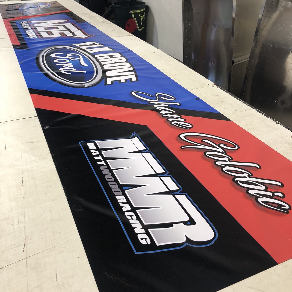 SharrahKevin's tweet photo. Shipping this banner to Knoxville, IA for @shanegolobic and the MWR/Elk Grove Ford Team to use at the Knoxville Nationals. https://t.co/FKqVztdlbe
