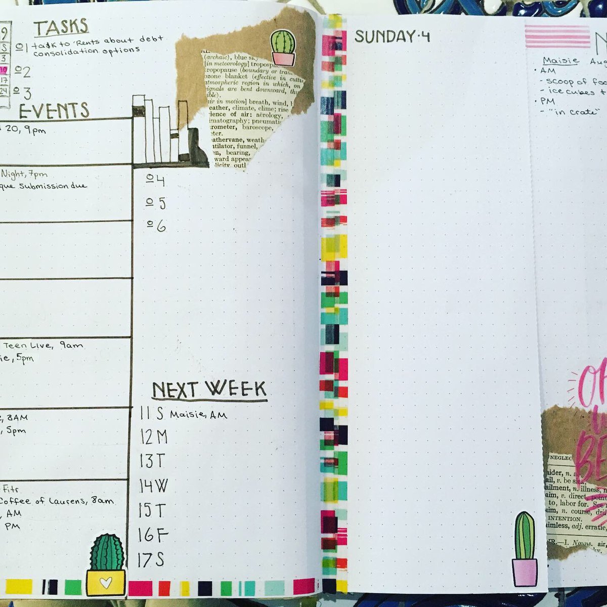 CatBellinger's tweet photo. The first week &amp; a half weekly spreads. The second week has a Dutch door. It’s the first time I’ve used it, so we’ll see how it goes. I love the cactus stickers from @planningwithkay. They are just perfect. #bulletjournal #bujo #augustbulletjournal #augustbujo #planningwithkay https://t.co/0gisJGVxVY