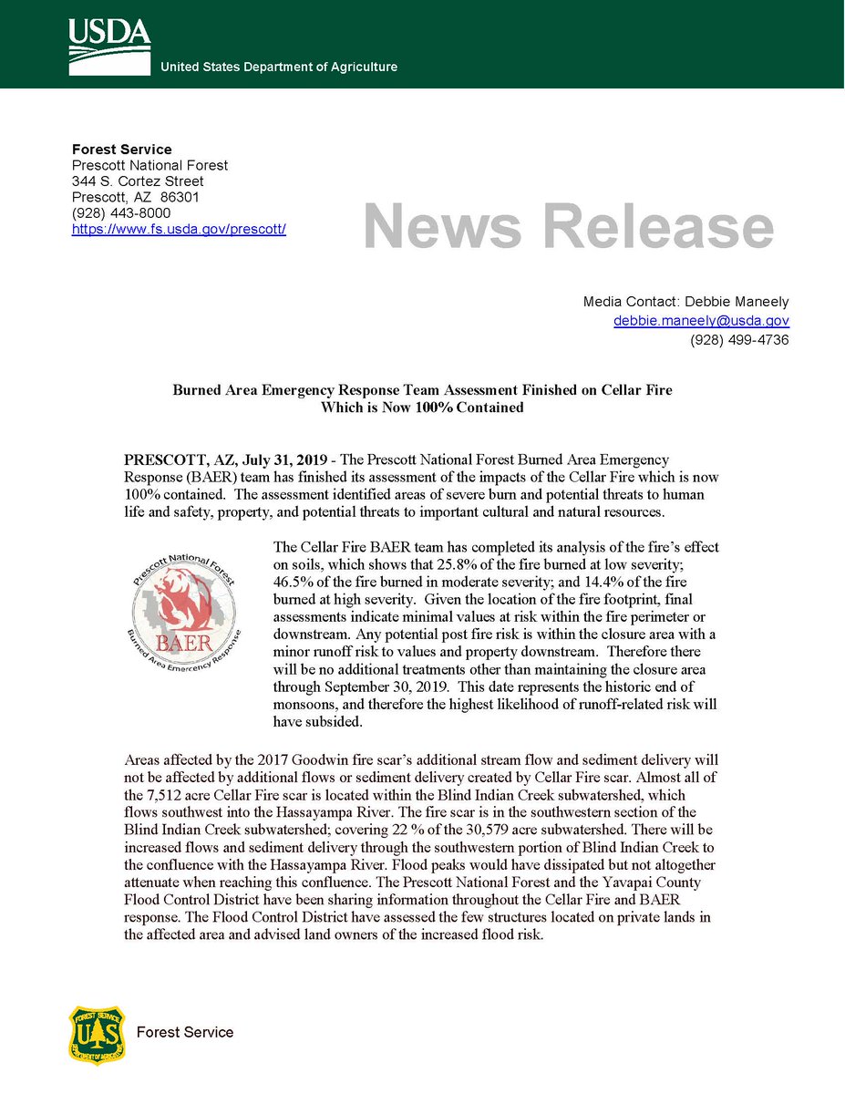 PrescottNF's tweet photo. #CellarFire- The Prescott National Forest Burned Area Emergency Response (BAER) team has finished its assessment of the impacts of the Cellar Fire which is now 100% contained. The assessment identified areas of severe burn and potential threats to human life and safety. https://t.co/VMXZUf8wh7