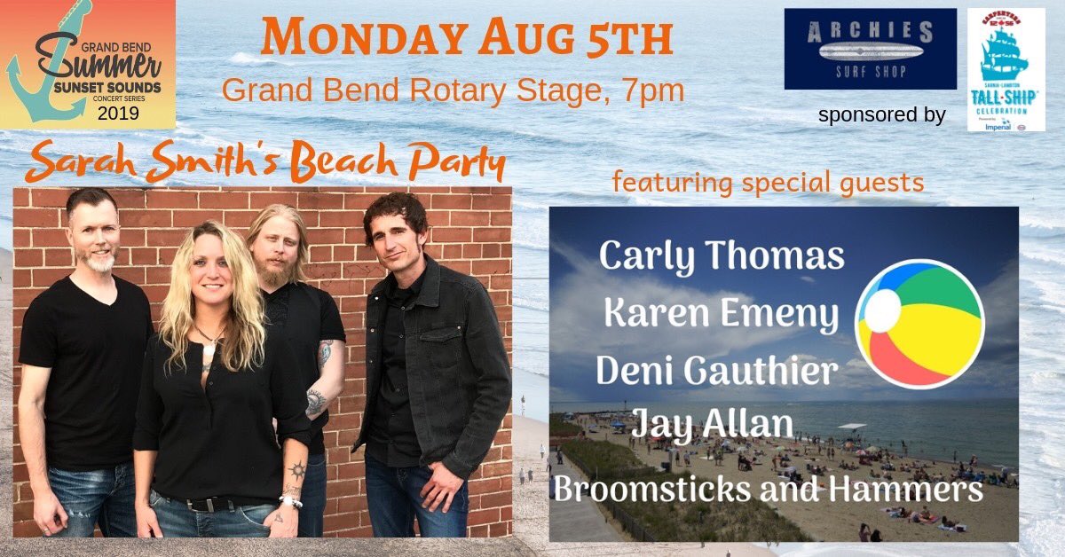 GB Sunset Concerts (@gbsunsetconcert) on Twitter photo The fabulous Sarah Smith is hosting the Beach Party of the summer! Starts at 7pm sharp Monday Aug 5th #summermusic <a href="/SarahSmithMusic/">Sarah Smith</a> #livemusic #grandbendbeach #paywhatyoucan The fabulous Sarah Smith is hosting the Beach Party of the summer! Starts at 7pm sharp Monday Aug 5th #summermusic <a href="/SarahSmithMusic/">Sarah Smith</a> #livemusic #grandbendbeach #paywhatyoucan