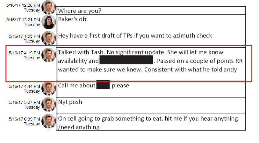 5/16/17 was the same day that Tashina was passing Rod Rosenstein's talking points to Peter Strzok.