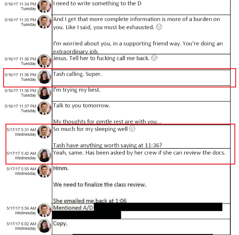 5/16/17 - the same day Tashina finished her pro-Rosenstein "notes" on various earlier meetings re: Comey..She was calling Lisa Page at 11:36 PM discussing reviewing documents.By now they all knew Mueller would be appointed the next day.