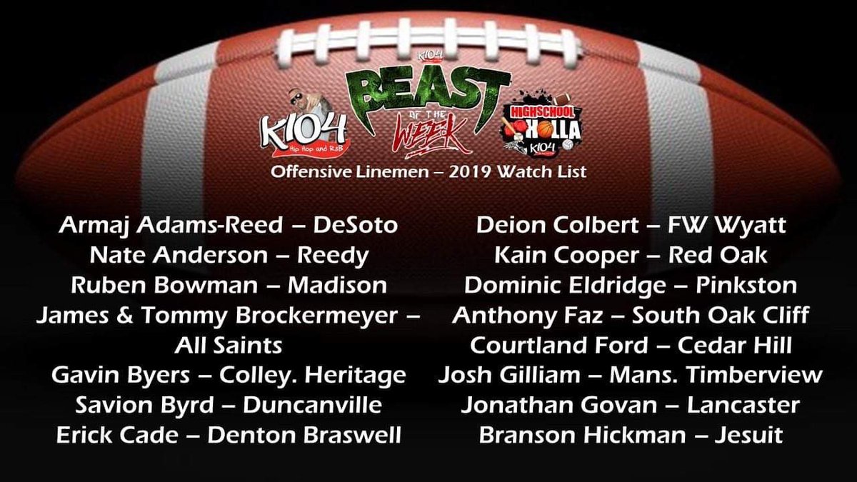 K104FM's tweet photo. 2019 #K104BEASTOFTHEWEEK Watch List - Offensive Linemen ⛓⛓⛓ #K104 #K104FridayNightLights
#WatchListSZN #TXHSFB https://t.co/DrRLi94UOo