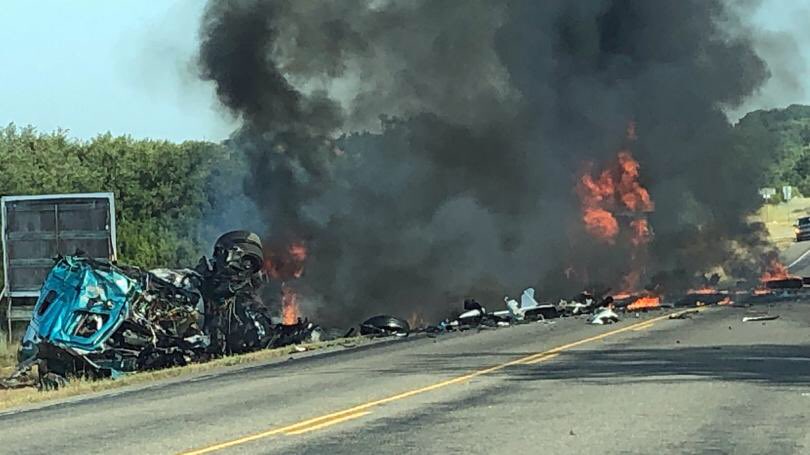 libertyladyusa's tweet photo. This is a wreck with two semis that exploded on Hwy 281 today a couple of miles north of Hico. 
Two fatalities. 281 will be closed at least til midnight tonight. TXdot will be assessing if the road is passable at all tomorrow. 
#HamiltonCounty #ErathCounty #TXhighways #prayers 🙏🏻 https://t.co/4JG90wamd8