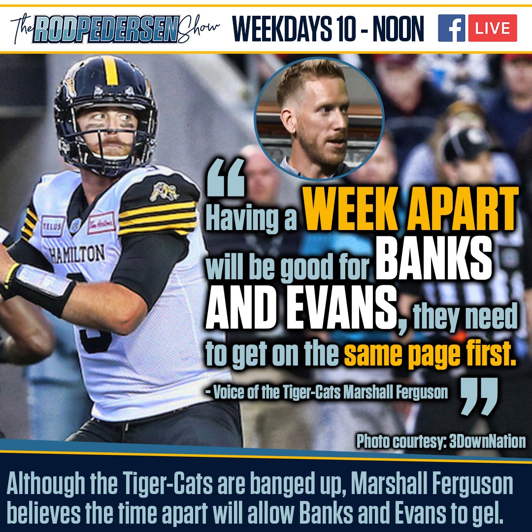 RodPedersenShow's tweet photo. Some time apart could be a silver lining for @daneevans9 and @speedybanks87 according to @TSN_Marsh (Voice of the @Ticats).
Full π½οΈ: https://t.co/ceBpL1kaHu
#TiCats #Hamilton #SpeedyB #DaneEvans #CFL https://t.co/S8h6Q5Ixoy