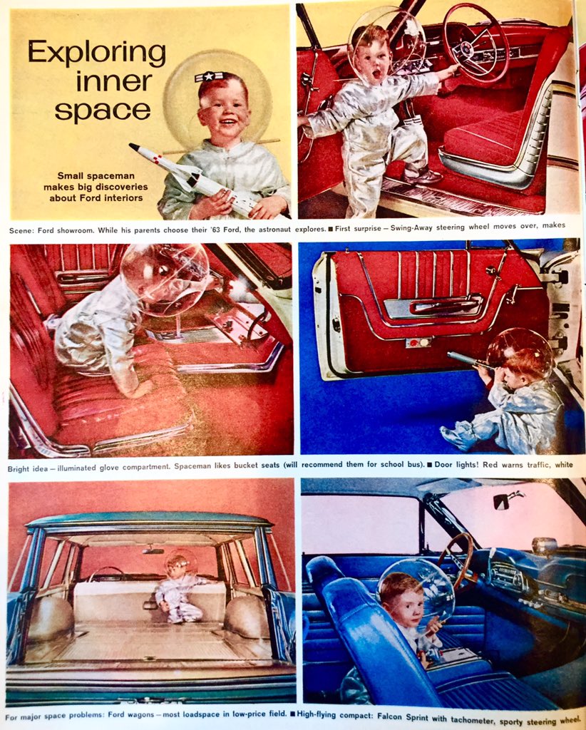 CharlieNyePhoto's tweet photo. Love this 1963 #Ford ad playing to the @NASA #space program. Wonder who the little boy was and where he is now. Ad was published in the May 24, 1963 #LIFE magazine. https://t.co/63EDFpCyve